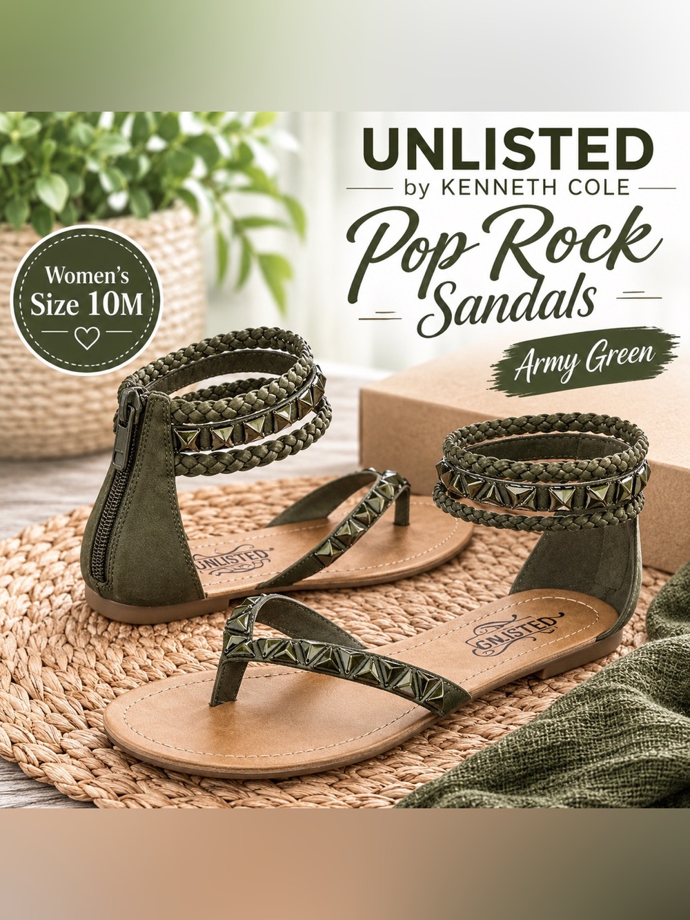 Unlisted by Kenneth Cole Pop Rock Sandals – Women’s Size 10M | Army Green